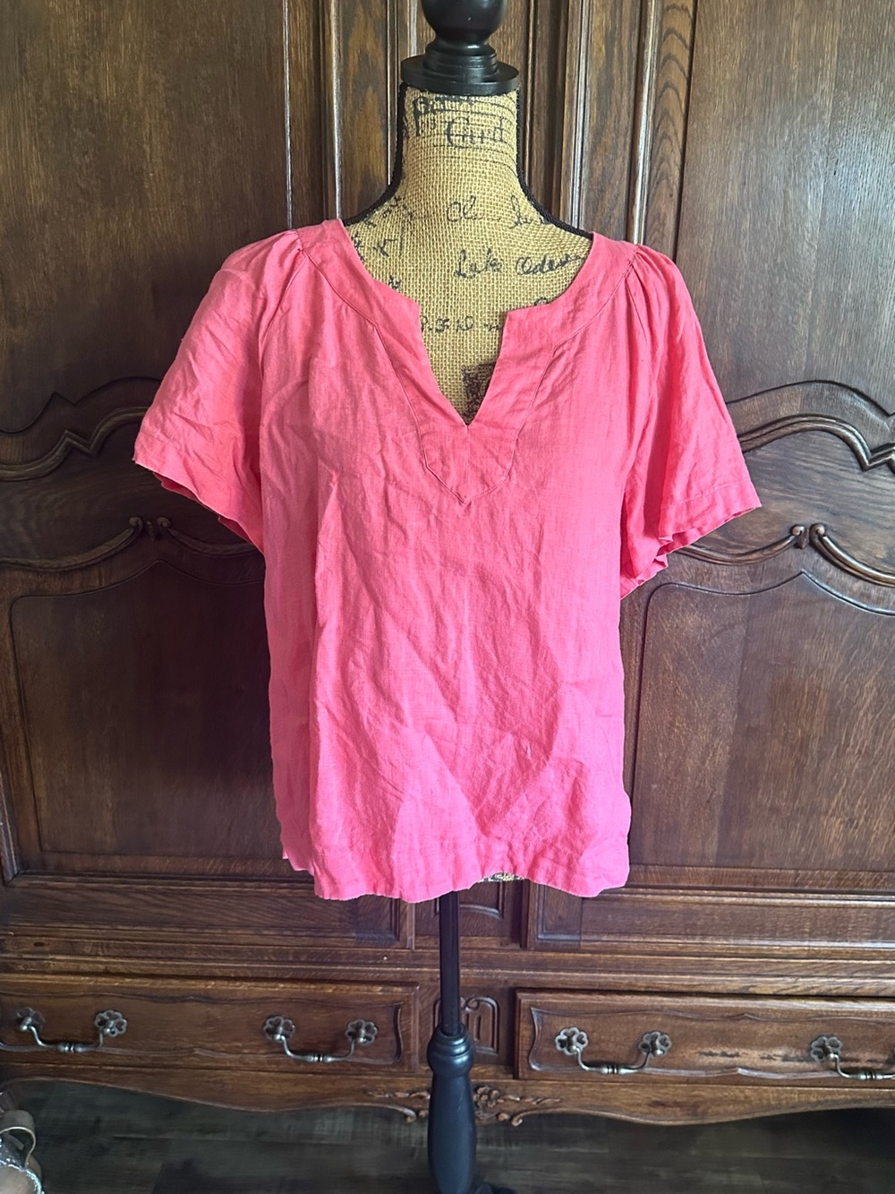 J. Crew Coral Split V-Neck Short Sleeve 100% Linen Blouse